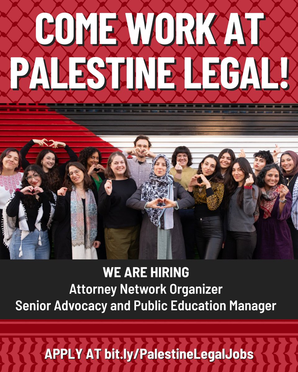 Join our team defending the movement for Palestinian liberation!
 
We’re hiring for 2 new positions: Senior Advocacy and Public Education Manager and Attorney Network Organizer.
 
 Apply today at bit.ly/PalestineLegal….