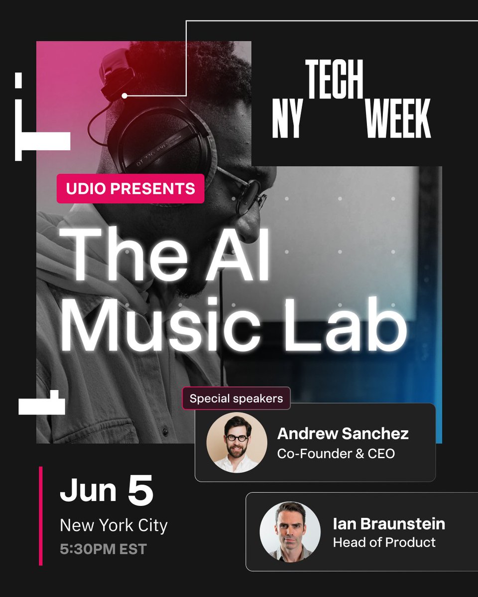 Just added to the lineup: Ian, Udio’s Head of Product, joins the panel at our #NYTechWeek event! Arrive early for a sneak peek at some unreleased features. You won’t want to miss this. RSVP  👉 partiful.com/e/So7R9Pduw0Nv… <a href="/a16z/">a16z</a> @techweek_ tech-week.com