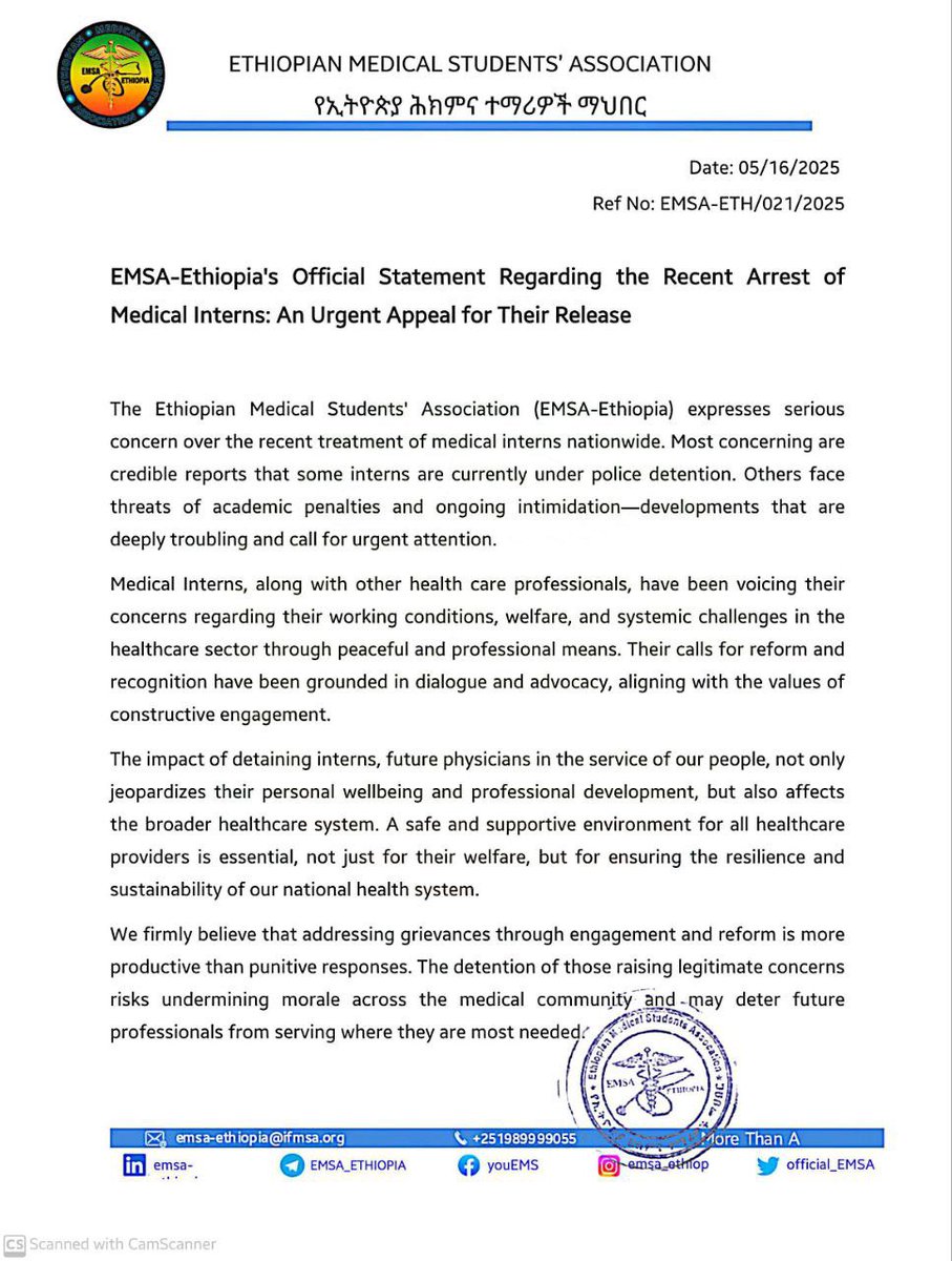 official_EMSA's tweet photo. OFFICIAL STATEMENT

The Ethiopian Medical Students’ Association (EMSA-Ethiopia) expresses deep concern regarding the recent arrest and treatment of medical interns across the country. https://t.co/eAnsY1YwWI