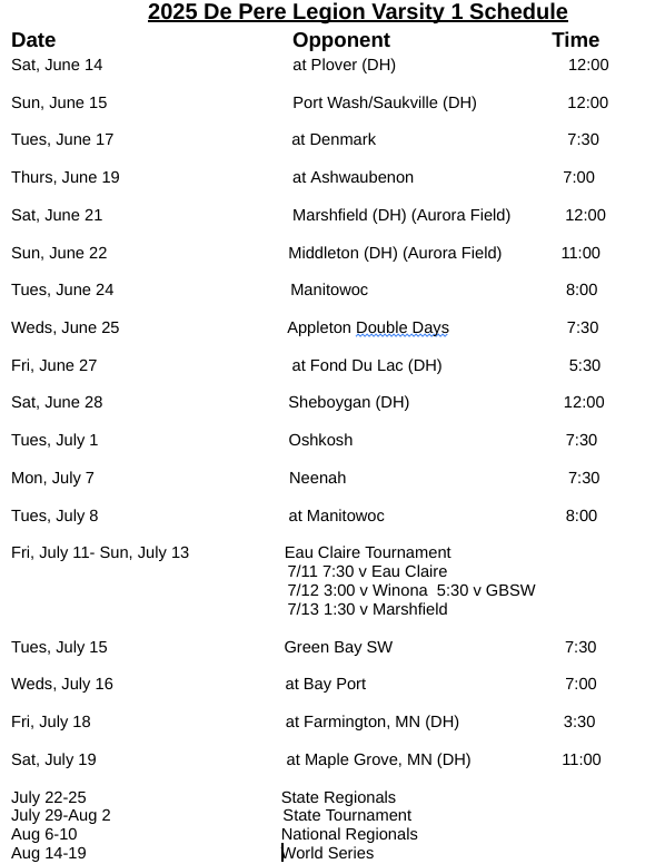 Varsity 1 Schedule