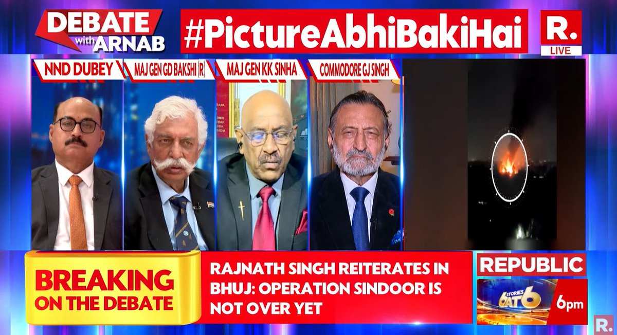 republic's tweet photo. #PictureAbhiBakiHai | WATCH as Major General KK Sinha, defence expert, decodes Rajnath Singh’s "Operation Sindoor is just a trailer" statement 

On the Nation's Sharpest Opinion, Arnab fires straight facts and pincer questions, answers of which #TheNationWantsToKnow . Tune in and fire in your views -https://t.co/njtdiHNAI4… 

#India #IndiaPakistan #PakistanIndia #OperationSindoor #RajnathSingh #PMModi #Pakistan