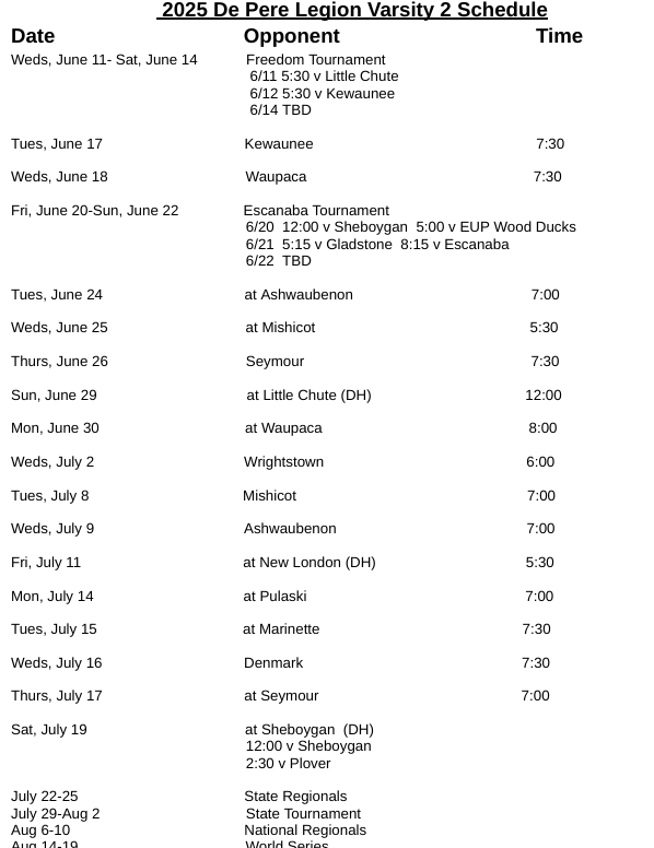 Varsity 2 Schedule