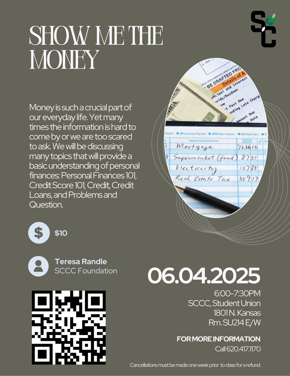 Get your financial questions answered and your personal finances in order!  Join Teresa Randle for this informative class.  Scan the QR code to register &amp; stop by the Business &amp; Industry office or call 620.417.1170 to make payment.