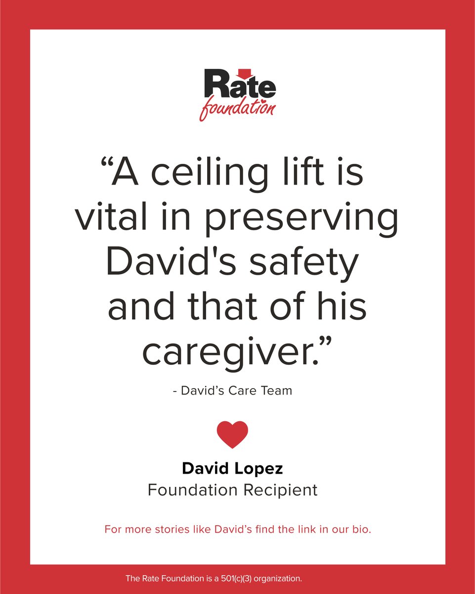 RateFoundation's tweet image. David’s mobility challenges mean he relies on his family for every movement. With the $15,028 grant for an electric ceiling lift, his mother can care for him more safely. The Rate Foundation is proud to support his family and help keep David safe and supported.