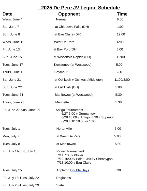 De Pere 16U Schedule