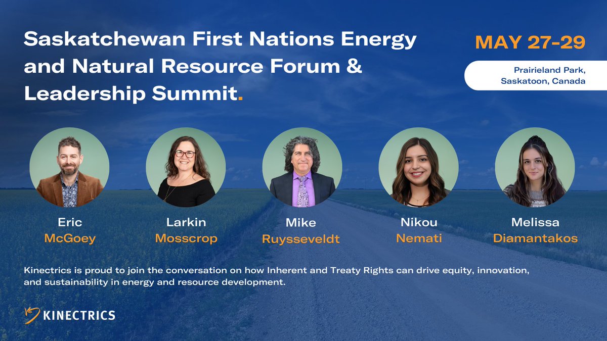 Kinectrics is attending the Saskatchewan First Nations Energy &amp; Natural Resource Forum on May 27–29 in Saskatoon. Our team looks forward to engaging with Indigenous youth from across Saskatchewan during the Summit. Visit: kinectrics.com/about-us/indig…