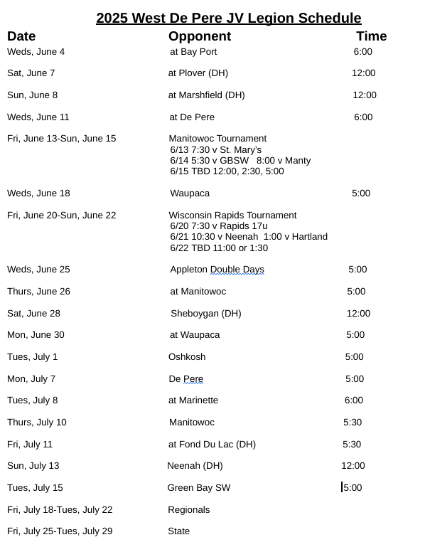 West De Pere 16U Schedule