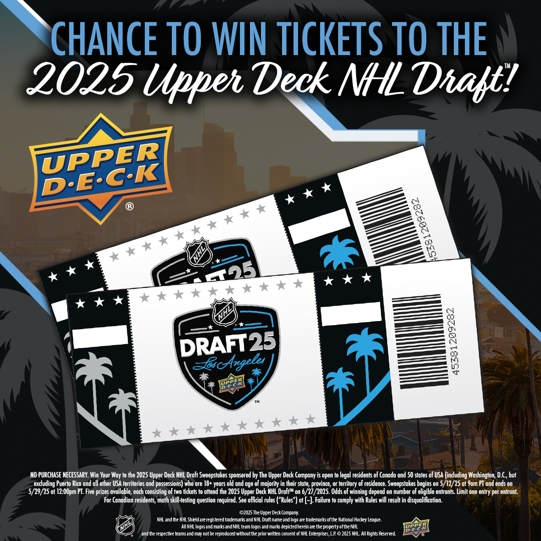 🚨 Win Your Way to the 2025 Upper Deck NHL Draft! 🚨
We're giving away a pair of tickets to the 2025 Upper Deck NHL Draft on June 27th! 
This contest will run from 5/16 at 9am PST to 5/29 at 12pm PST
🎟️ Enter now: bit.ly/3S8gh6I