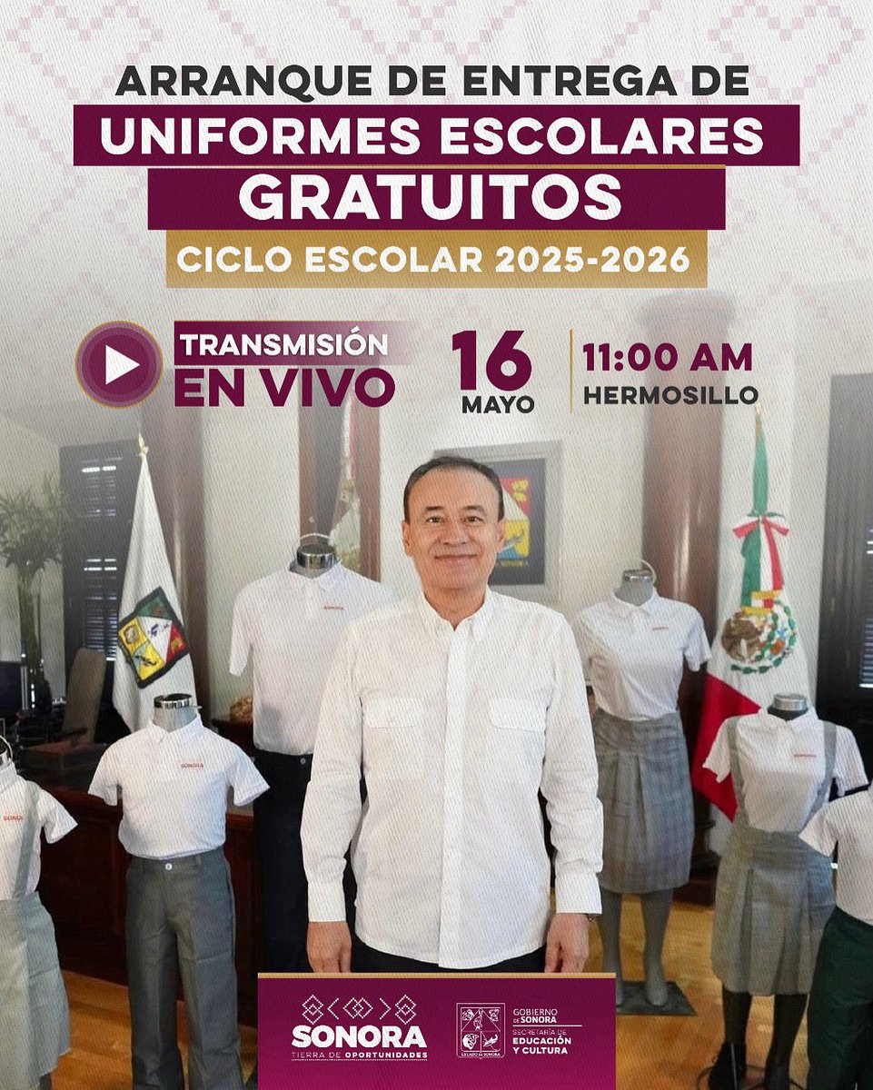 Acompáñenme hoy a las 11:00 a.m. en la transmisión en vivo del arranque de la entrega de uniformes escolares gratuitos en Sonora para el ciclo 2025–2026. ¡No se lo pierdan!

#SonoraConUniforme