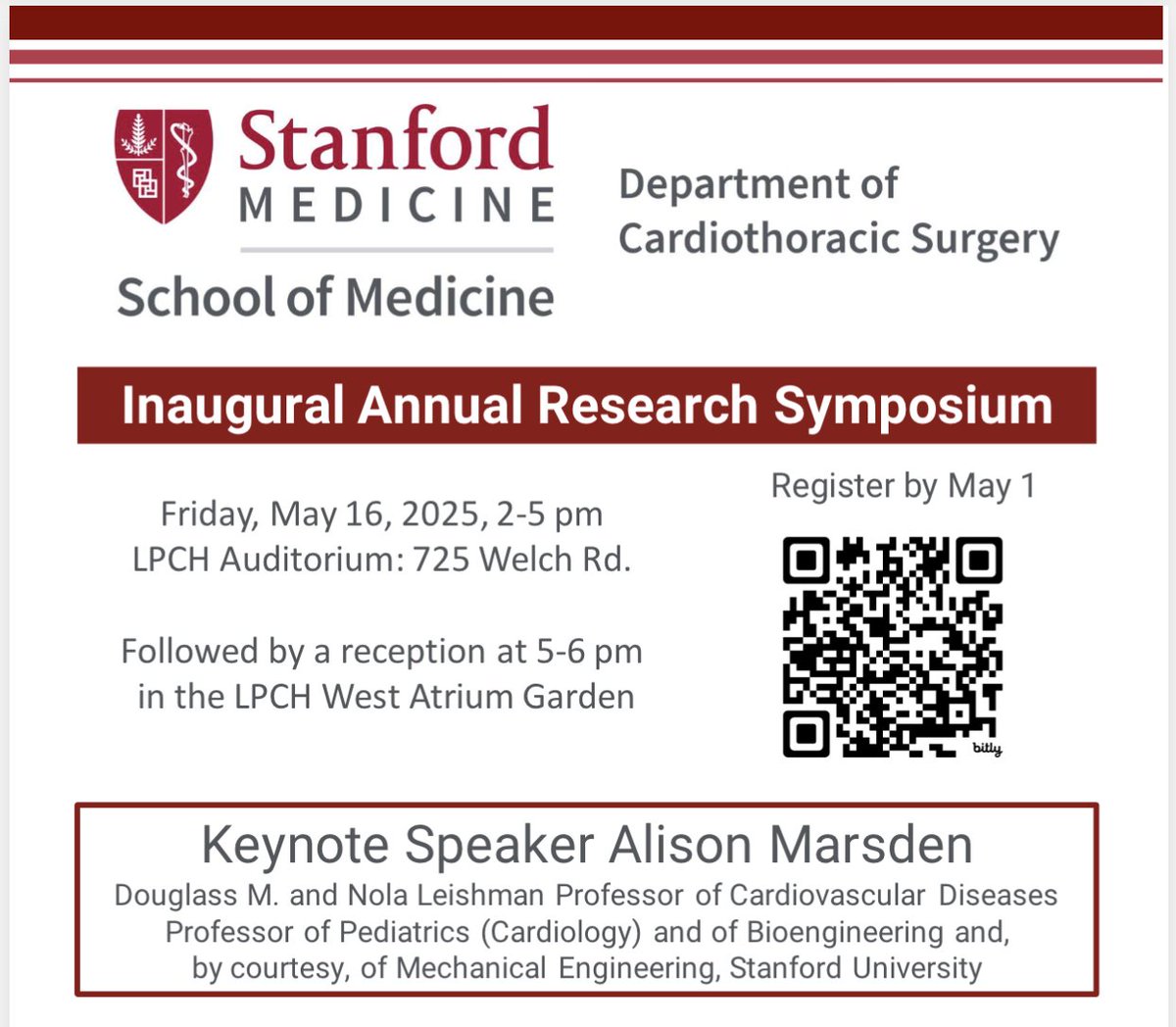Stanford Cardiothoracic Surgery (@stanfordctsurg) on Twitter photo It's today! ✨ @StanfordCTSurg will host its Inaugural Research Symposium this afternoon at <a href="/StanfordMed/">Stanford Medicine</a>.🔬Featuring:
🗣️ Keynote speaker Alison Marsden, PhD
📣 Oral presentations
🎓 Lectures
🧪Poster session on cardiovascular research
🌟Learn more: ow.ly/SQCV50VQbUY It's today! ✨ @StanfordCTSurg will host its Inaugural Research Symposium this afternoon at <a href="/StanfordMed/">Stanford Medicine</a>.🔬Featuring:
🗣️ Keynote speaker Alison Marsden, PhD
📣 Oral presentations
🎓 Lectures
🧪Poster session on cardiovascular research
🌟Learn more: ow.ly/SQCV50VQbUY