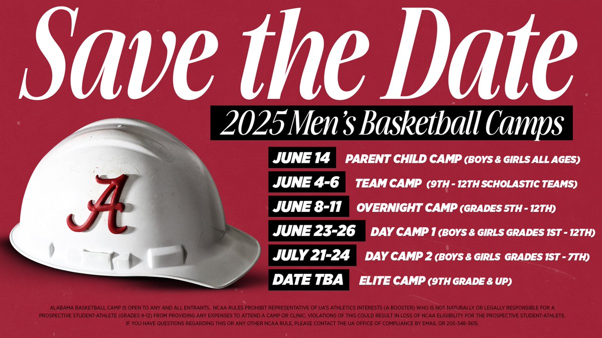 𝐁𝐚𝐦𝐚 𝐁𝐚𝐬𝐤𝐞𝐭𝐛𝐚𝐥𝐥 𝐂𝐚𝐦𝐩𝐬

Register now for our Summer Camps! #RollTide

🔗: bamabasketballcamps.com