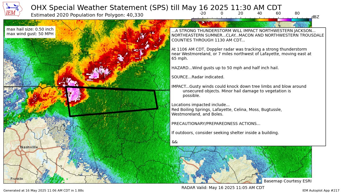 A STRONG THUNDERSTORM WILL IMPACT NORTHWESTERN JACKSON [wind: 50 MPH, hail: 0.50 IN] for Clay, Jackson, Macon, Sumner, Trousdale [TN] till 11:30 AM CDT mesonet.agron.iastate.edu/p.php?pid=2025…