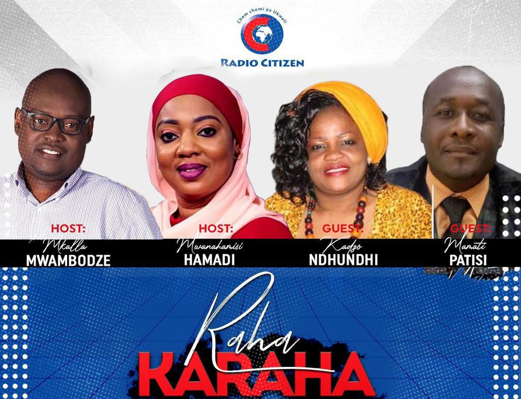 Radio Citizen (@radiocitizenfm) on Twitter photo Je, Wanaume Wasiooa na Wanawake Waliochoka Kungoja: Tatizo ni Nani ?
Leo ndani ya #RahaKaraha nikumoto! Tupe maoni yako
<a href="/MwambodzeMkalla/">Mkalla Mwambodze</a> <a href="/KNdhundhi/">Kadzo ndhundhi</a> <a href="/mwanahamisi254/">Mwanahamisi Hamadi</a> na Mamati Patisi
#RahaKaraha
#RadioNumberOne Je, Wanaume Wasiooa na Wanawake Waliochoka Kungoja: Tatizo ni Nani ?
Leo ndani ya #RahaKaraha nikumoto! Tupe maoni yako
<a href="/MwambodzeMkalla/">Mkalla Mwambodze</a> <a href="/KNdhundhi/">Kadzo ndhundhi</a> <a href="/mwanahamisi254/">Mwanahamisi Hamadi</a> na Mamati Patisi
#RahaKaraha
#RadioNumberOne