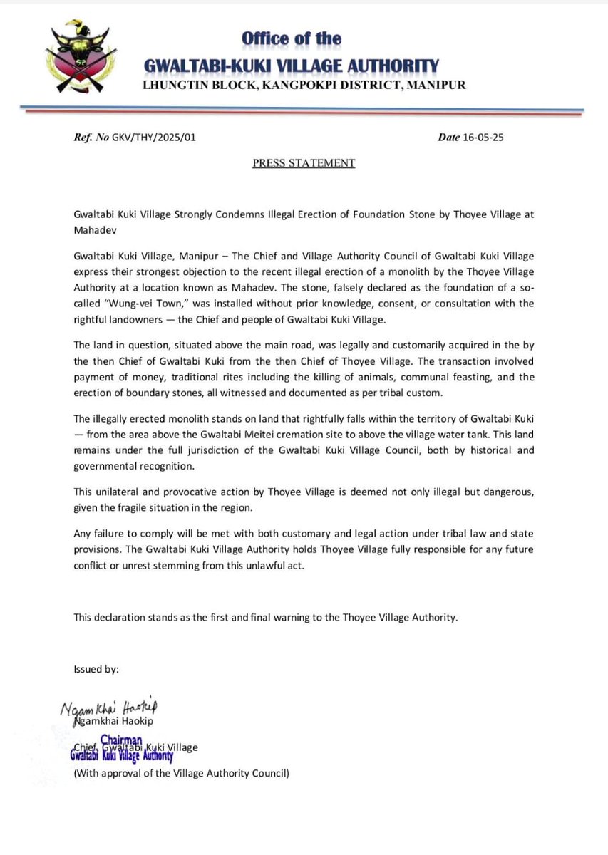 Manipur : The Gwaltabi Kuki Village authority strongly condemns Thoyee Village's illegal erection of a monolith on their land at Mahadev, claiming it as part of a "Wung-vei Town.

<a href="/ukhrultimes/">Ukhrul Times</a> <a href="/ThePrintIndia/">ThePrintIndia</a> <a href="/HillsJournal/">The Hills Journal</a> <a href="/MIB_India/">Ministry of Information and Broadcasting</a> <a href="/PIB_India/">PIB India</a> <a href="/PIBHomeAffairs/">PIB - Ministry of Home Affairs</a> <a href="/DeccanHerald/">Deccan Herald</a> <a href="/ANI/">ANI</a>