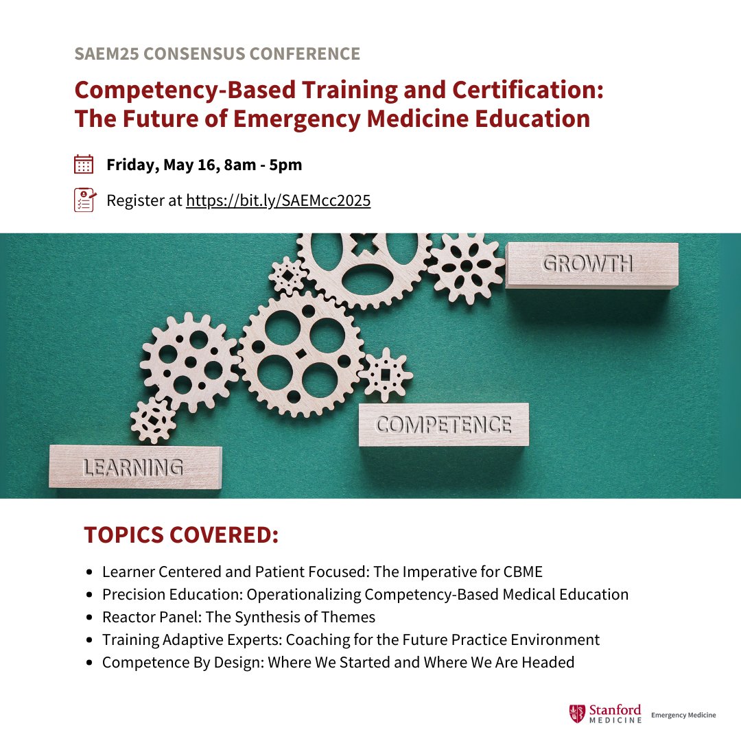 StanfordEM (@stanfordemed) on Twitter photo 📢 🗓️ TODAY is the #SAEM25 Consensus Conference! Don’t miss expert insights on the future of Competency-Based Medical Education (CBME). Join the conversation and shape what’s next!
#CBME #MedEd #MedicalEducation #MedicalTraining
<a href="/SAEMonline/">SAEM</a>
<a href="/CORD_EM/">CORD</a>
<a href="/ABEMCert/">American Board of Emergency Medicine (ABEM)</a> 📢 🗓️ TODAY is the #SAEM25 Consensus Conference! Don’t miss expert insights on the future of Competency-Based Medical Education (CBME). Join the conversation and shape what’s next!
#CBME #MedEd #MedicalEducation #MedicalTraining
<a href="/SAEMonline/">SAEM</a>
<a href="/CORD_EM/">CORD</a>
<a href="/ABEMCert/">American Board of Emergency Medicine (ABEM)</a>