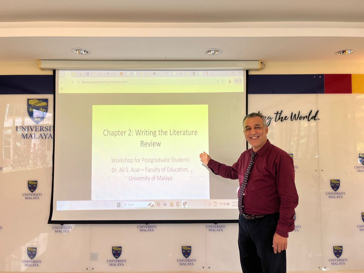 AliSAzar2's tweet photo. ✒️📁📚🔎💡🎖
Honoured to have conducted my second workshop today on "Literature Review" in Research Proposal Write-Up as part of the "Research Proposal Writing" series for our dedicated postgraduate students—both Master's and PhD—at the Faculty of Education. #UniversityOfMalaya https://t.co/OnGTDwL6LD