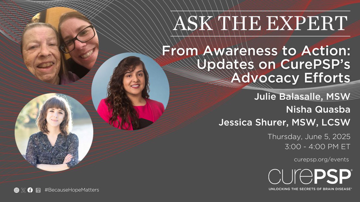 CurePSP (@curepsp) on Twitter photo Join our Ask the Expert webinar on June 5 to learn about CurePSP's advocacy wins and how you can help turn awareness into action! Hear from Julie Balasalle, Nisha Quasba, and <a href="/JessicaShurer/">Jessica Shurer, MSW, LCSW</a> on our legislative efforts. Register: psp.org/events #AskTheExpert #Advocacy Join our Ask the Expert webinar on June 5 to learn about CurePSP's advocacy wins and how you can help turn awareness into action! Hear from Julie Balasalle, Nisha Quasba, and <a href="/JessicaShurer/">Jessica Shurer, MSW, LCSW</a> on our legislative efforts. Register: psp.org/events #AskTheExpert #Advocacy