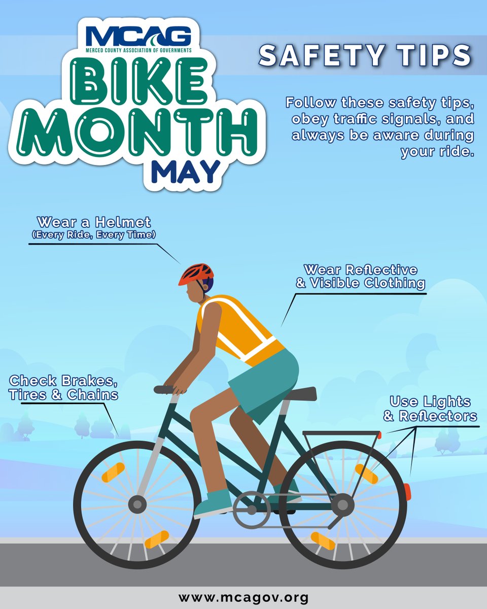Bike smart, ride safe! Before you ride, review these safety tips:

✅ Wear a helmet (every ride, every time)
✅ Use lights + reflectors — be visible
✅ Obey traffic signals + ride with traffic
✅ Check brakes, tires, and chain
✅ Signal your turns and watch for doors!