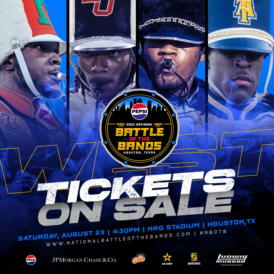 NationalBOTB's tweet photo. WEST SIDE, are you ready? Here’s who’s playing to the WEST at the 2025 Pepsi #NBOTB:
@THEMARCHING100
@LangstonU #MarchingPrideBand
@PVAMU #TheMarchingStorm
@B_GMM
📅 Aug 23 | ⏰ 4:30 PM | 📍 NRG Stadium – Houston
🎟️ Get your tickets now → https://t.co/dlL8KnAnHa
#NBOTB2025 #BeyondTheNotes #MusicIsTheCulture