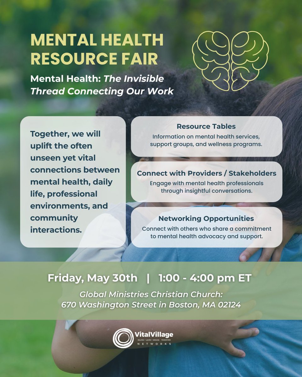 Join us on Friday, May 30th, from 1-4 pm for a transformative Mental Health Resource Fair hosted by the Mental Health Committee at Vital Village along with several other partners around the theme.
Learn more here: cutt.ly/VVNMentalHealt…