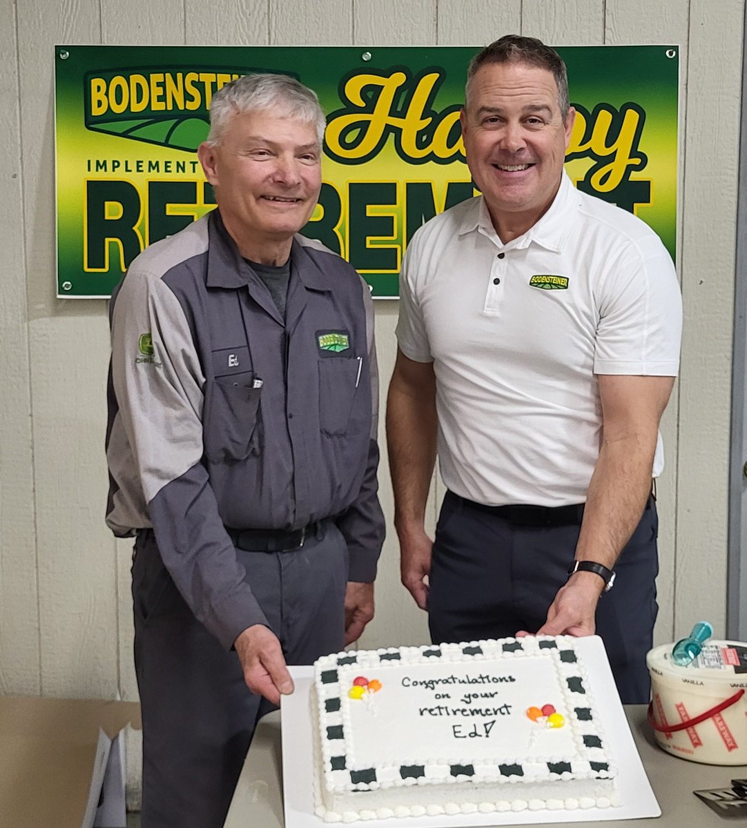 BodensteinerJD's tweet photo. Congrats to Ed Platte on his retirement from Bodensteiner Implement on April 30 after 21 years! Ed began at Boos Imp. in 2004 as a Service Tech and continued through the 2010 acquisition. Thank you, Ed, for your dedication. Wishing you a long, happy retirement! https://t.co/2ZCeSzoZvz
