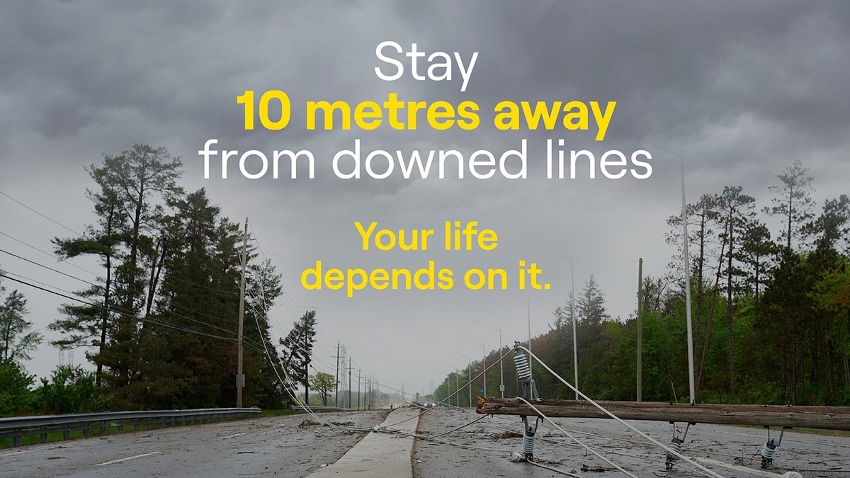 HydroOne's tweet image. A downed power line might look harmless, but the ground around it could be electrified. One wrong step could be the difference between life and death. Stay back 10 meters. Your life depends on it. This #PowerlineSafetyWeek make safety your priority: ow.ly/BKNf50VTZAk