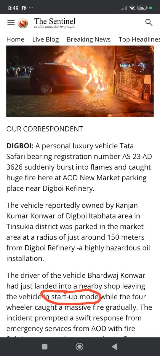 hemma5581's tweet photo. Hi,
*Kindly note-This two online news article site has posted wrong information on their website. Stating that car was in start-up mode,It's completely wrong news(without car Key car cannot be in start mode"Common sense")Car was in complete REST with IGNITION off. @SentinelAssam https://t.co/aSDramnGmV