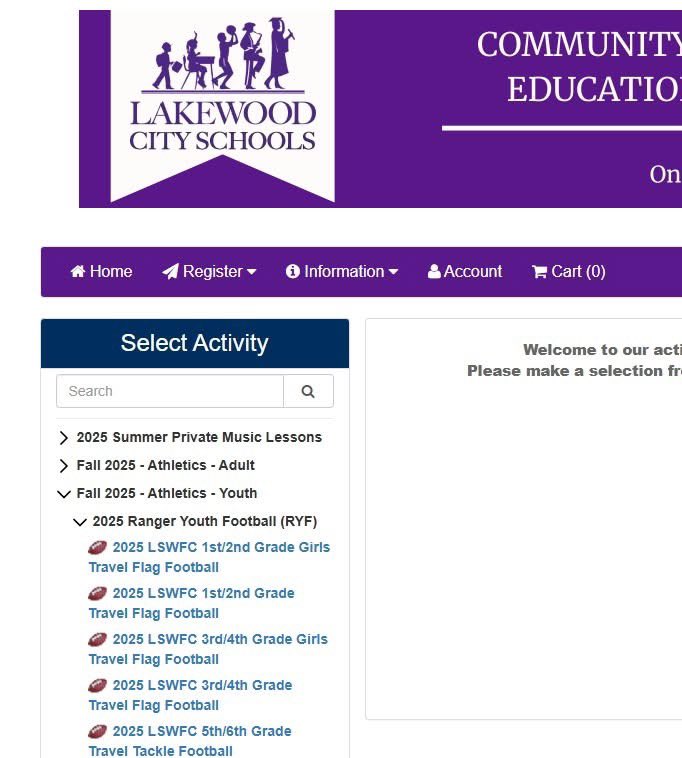 Registration for youth football is OPEN!

*Flag Football for BOYS &amp; GIRLS in grades 1-4

*Tackle Football for those in grades 5-6

lakewoodrecreation.activityreg.com/selectactivity…