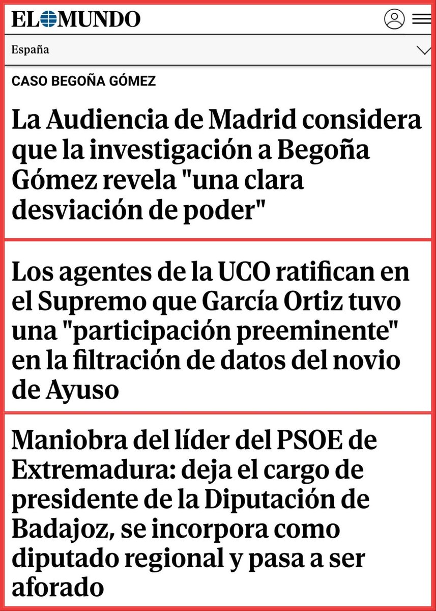 Participación preeminente del fiscal general, desviación de poder de Begoña Gómez y huida del cargo para ser aforado del presidente de la Diputación de Badajoz.

Para no haber nada y ser todo una inventada, menudo día se le ha quedado al PSOE…