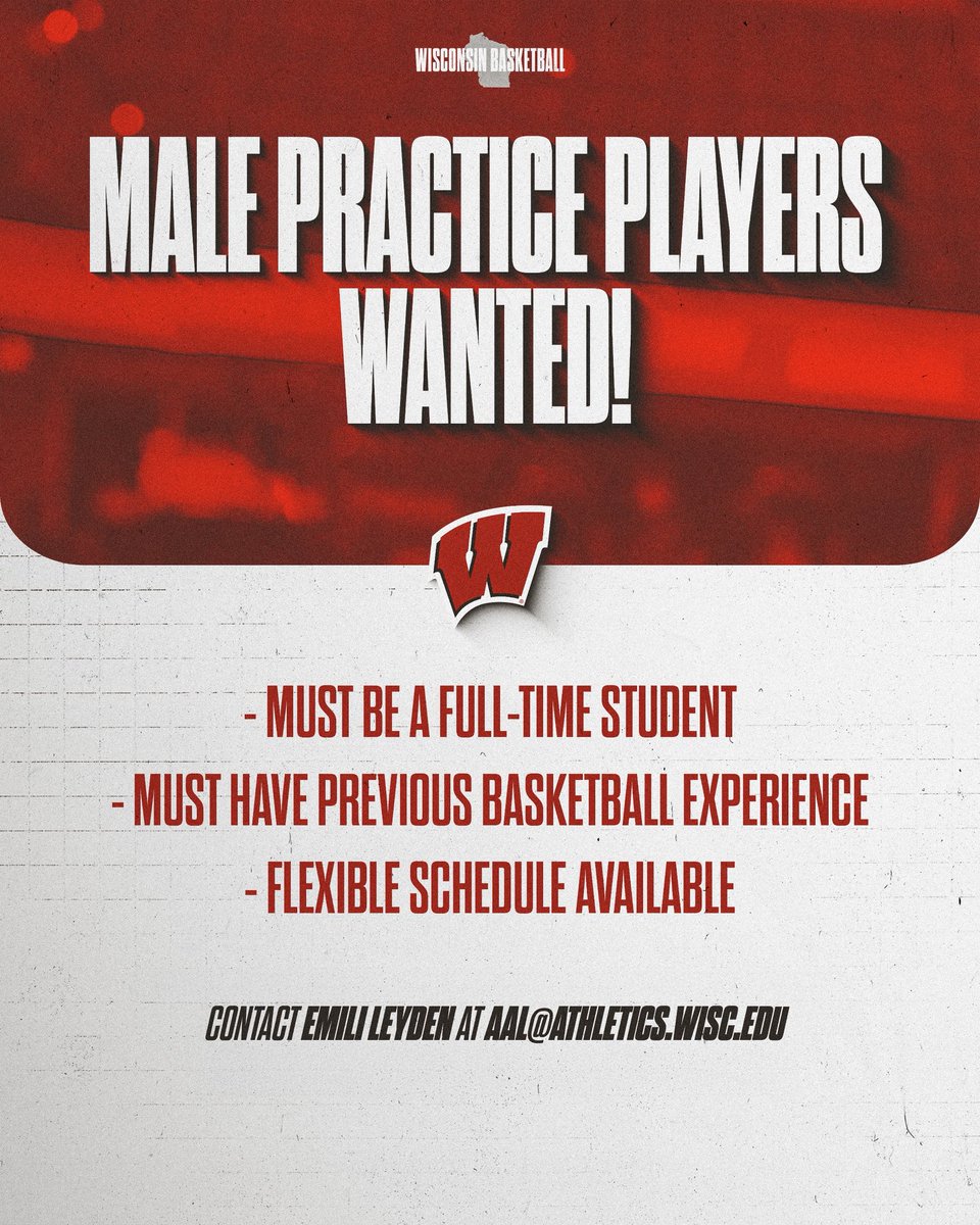 Wisconsin Women’s Basketball (@badgerwbb) on Twitter photo 🚨 ATTENTION UW STUDENTS 🚨
We are looking for practice players!
If you qualify and you’re interested, please contact Emili Leyden at AAL@athletics.wisc.edu
#OnWisconsin 🚨 ATTENTION UW STUDENTS 🚨
We are looking for practice players!
If you qualify and you’re interested, please contact Emili Leyden at AAL@athletics.wisc.edu
#OnWisconsin