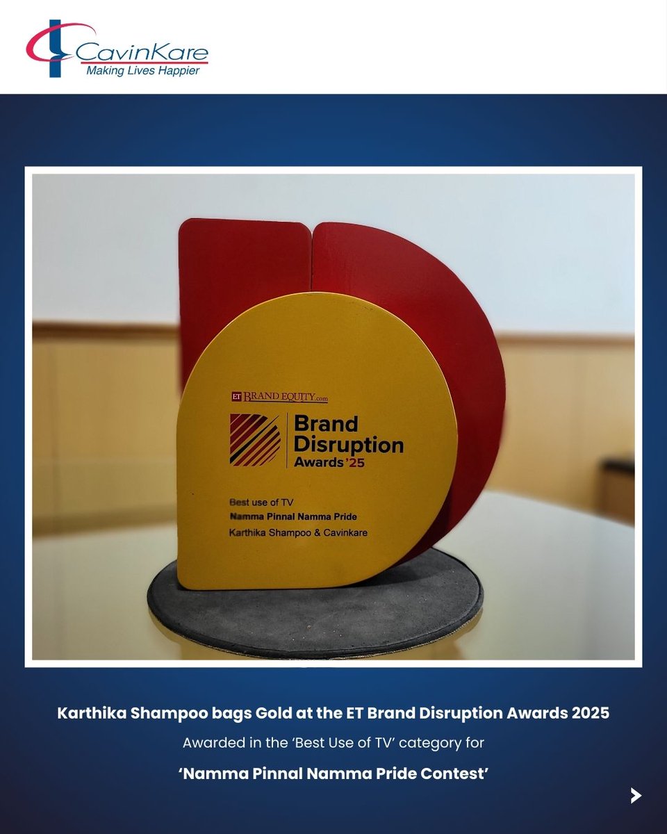 CavinKareIndia's tweet photo. We are proud to share that #KarthikaShampoo has won Gold at the ET Brand Disruption Awards 2025 for the ‘Namma Pinnal Namma Pride Contest’ in the 'Best Use of TV' category! 🏆

#CavinKare #MakingLivesHappier #KarthikaShampoo #ETBrandDisruption #TeamWork #ProudMoment https://t.co/1ESjOQHHo9