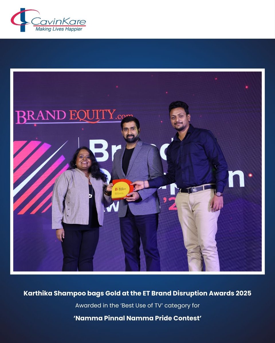 We are proud to share that #KarthikaShampoo has won Gold at the ET Brand Disruption Awards 2025 for the ‘Namma Pinnal Namma Pride Contest’ in the 'Best Use of TV' category! 🏆

#CavinKare #MakingLivesHappier #KarthikaShampoo #ETBrandDisruption #TeamWork #ProudMoment