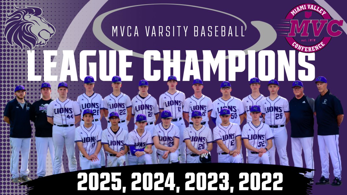 mvcaathletics's tweet photo. Congratulations go to Varsity Baseball the 2025 Miami Valley Conference Gray Division League Champions.  The Lions went undefeated, 10-0, in league play to become League Champions for the fourth year running.  #GoLions! https://t.co/v82Q1ECZYX