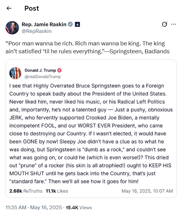 Bruce Springsteen gets the last word against traitorous wannabe-king Trump. 🙌🙏💪👏👊👇