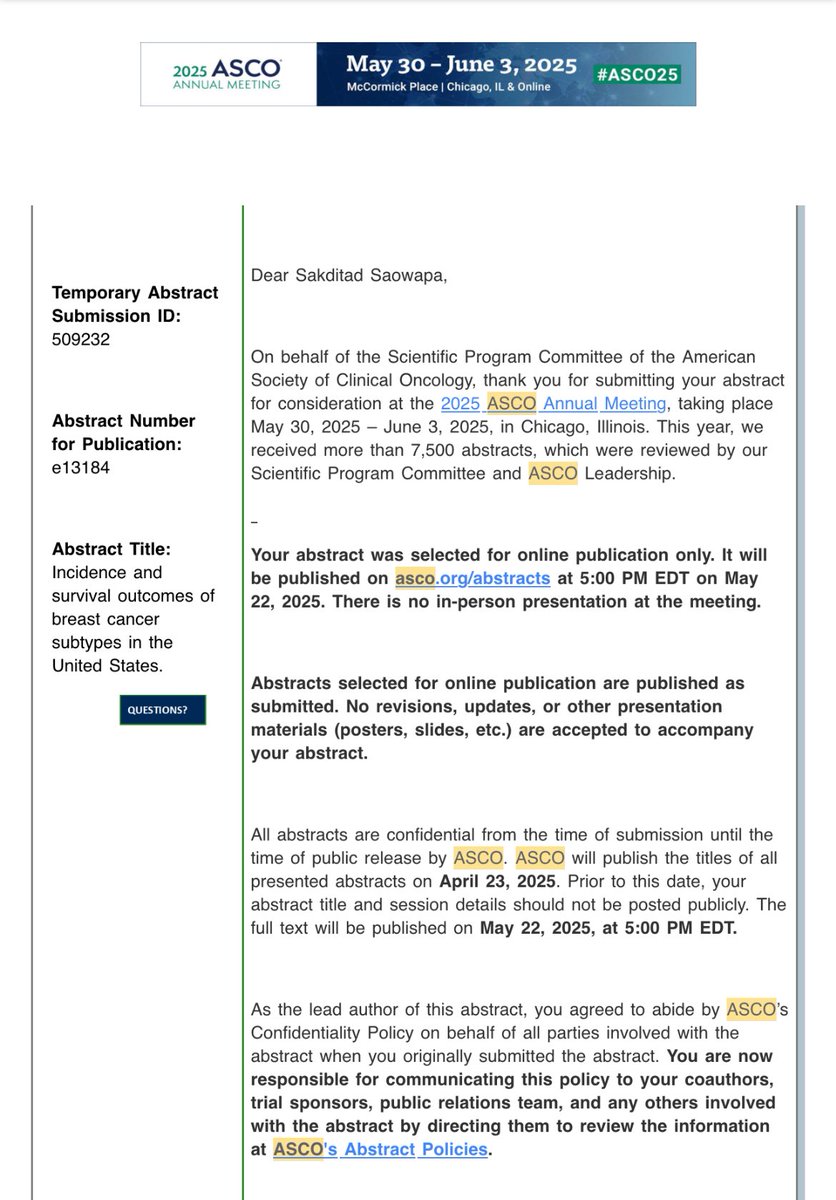 Thrilled to share that two of my abstracts have been accepted for online publication at the 2025 <a href="/ASCO/">ASCO</a> Annual Meeting!

I’m incredibly grateful for the opportunity to contribute to the field through research on:
•Breast cancer subtypes in the U.S.
•Atrial fibrillation and