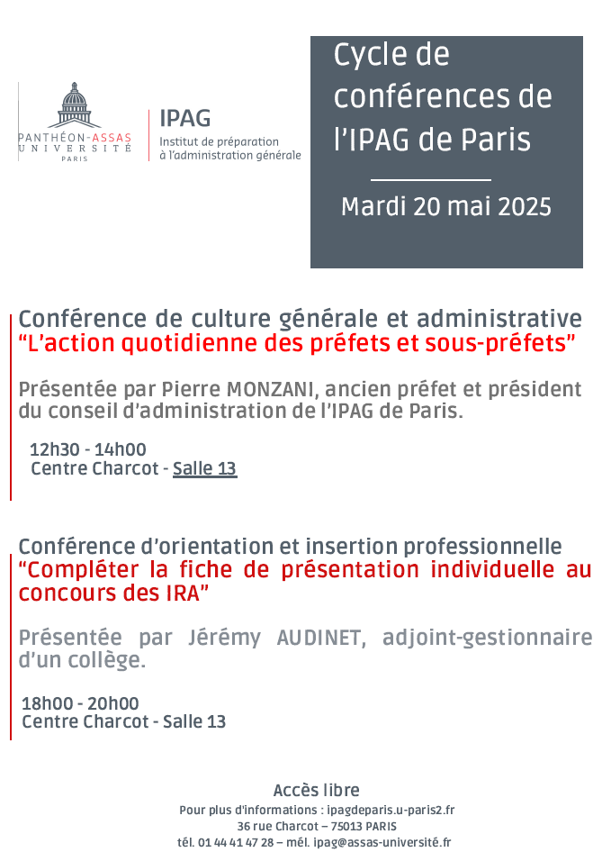 📅 Deux conférences ce mardi à l’#IPAGdeParis :
🔹 12h : Pierre Monzani sur l’action quotidienne des préfets et sous-préfets
🔹 18h : Jérémy Audinet sur la fiche de présentation individuelle du concours des IRA
#ConfAssas #ChoisirLeServicePublic