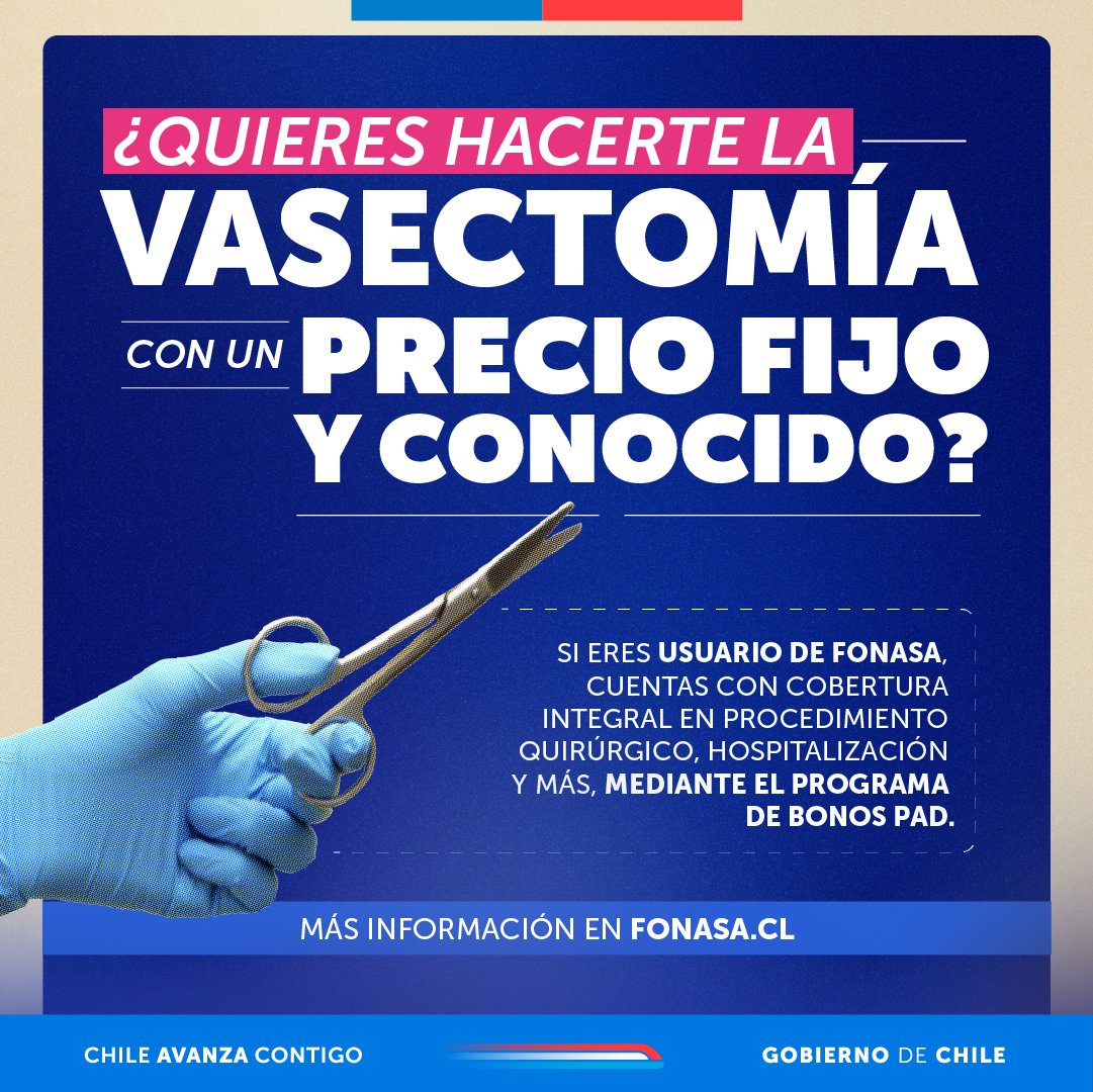 La vasectomía cuenta con cobertura y acceso a través de los Programas de Bono PAD (Pago Asociado a Diagnóstico) 👌🏻 

📲 Conoce más sobre su precio y la red de prestadores disponibles en Fonasa.cl