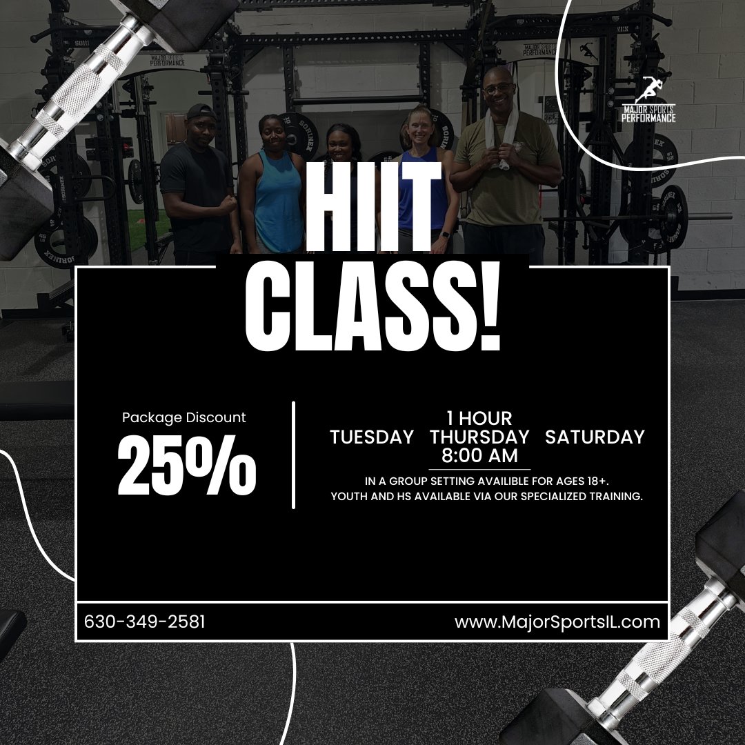 Kickstart your mornings with us every Tuesday, Thursday, and Saturday at 8:00 AM for an electrifying, high-energy workout! ☀️💥

🚀 Secure your spot now at MajorSportsIL.com/hiit

#HIIT #MorningWorkout #FitnessGoals #WheatonIL