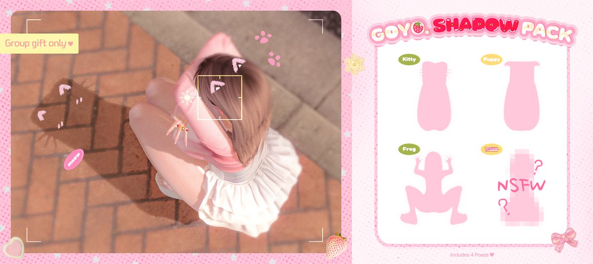☘ GOYO. Shadow Pack

- NEW Group gift
- 4 Poses

I hope you like it !!! ♡
See you at Mainstore ! ₍ᐢ..ᐢ₎♡
maps.secondlife.com/secondlife/Dea…