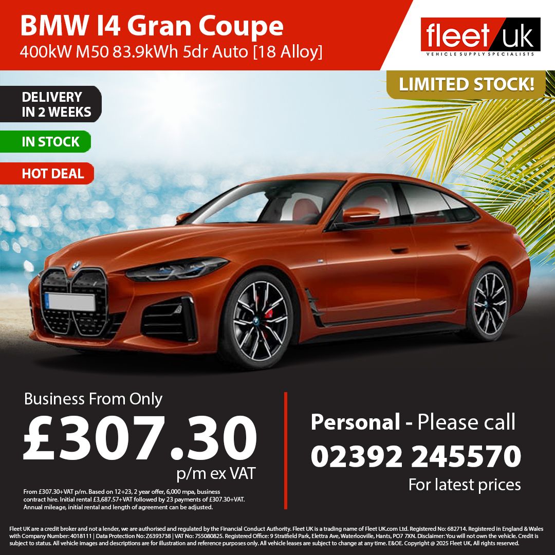 Fleetuk's tweet photo. 💥 Limited stock available!

BMW I4 Gran Coupe (250kW eDrive40 M Sport 83.9kWh 5dr Auto)
✅ £293.45 p/m inc VAT
🔗 https://t.co/zXHzsVKc2P 

BMW I4 Gran Coupe (400kW M50 83.9kWh 5dr Auto [18 Alloy])
✅ £307.30 p/m inc VAT
🔗 https://t.co/IxkWjZGDSv 

📞 02392 245570

#bmw #i4 https://t.co/2fqG7FQDe4
