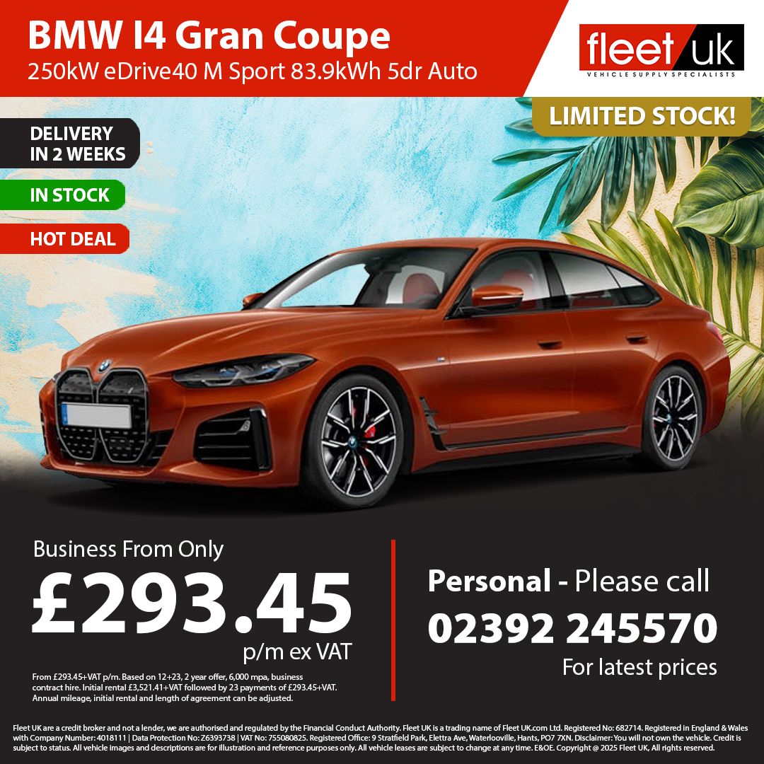 Fleetuk's tweet photo. 💥 Limited stock available!

BMW I4 Gran Coupe (250kW eDrive40 M Sport 83.9kWh 5dr Auto)
✅ £293.45 p/m inc VAT
🔗 https://t.co/zXHzsVKc2P 

BMW I4 Gran Coupe (400kW M50 83.9kWh 5dr Auto [18 Alloy])
✅ £307.30 p/m inc VAT
🔗 https://t.co/IxkWjZGDSv 

📞 02392 245570

#bmw #i4 https://t.co/2fqG7FQDe4