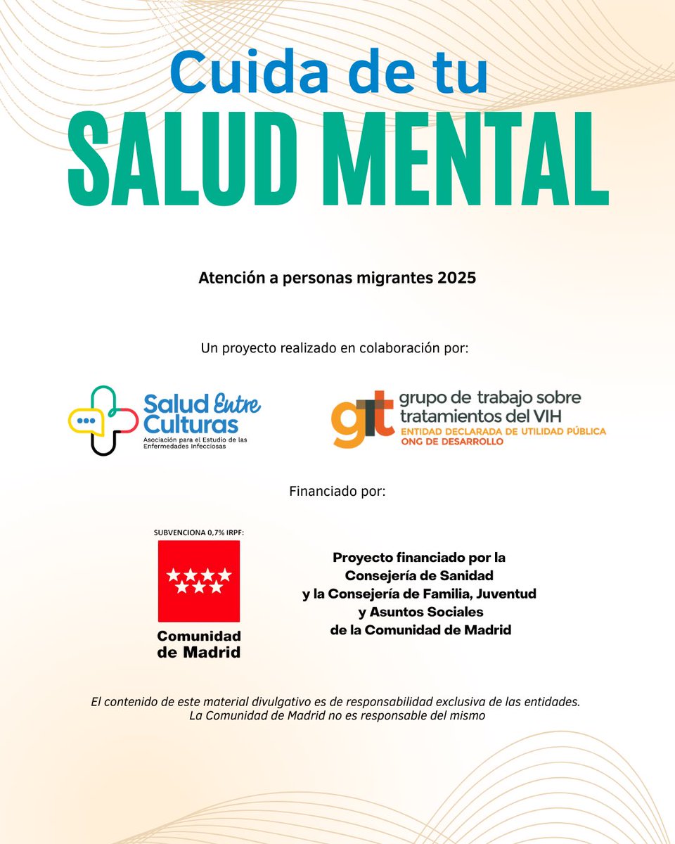 Salud entre Culturas y gTt-VIH 🫂 te ofrecemos un servicio de apoyo psicológico gratuito diseñado para ayudarte a gestionar las emociones y recuperar tu bienestar. 

Cuidar de tu salud mental también es cuidar de ti. Pedir ayuda es el primer paso hacia el bienestar. 🌈