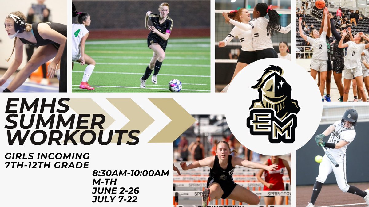 EMHS Summer Workouts – Girls Strength &amp; Conditioning 

Calling all incoming 7th–12th grade girls! Get stronger, faster, and ready for the 2025-2026 School Year at EMHS 

📍 Location: EMHS Turf Room
🗓️ Dates:
• June 2–16
• July 7–22
🕣 Time: 8:30 AM – 10:00 AM