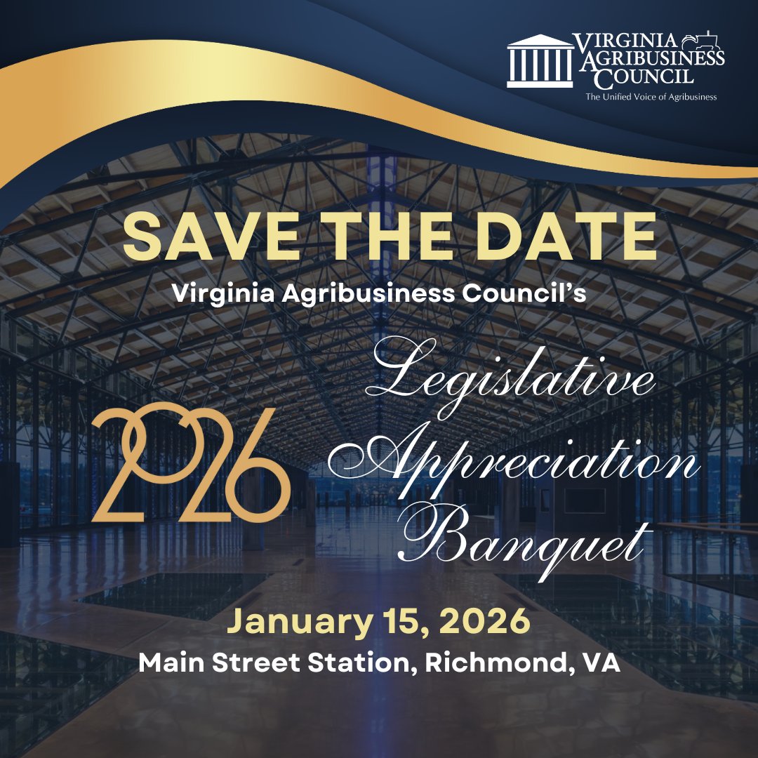 Agribusiness Council (@vaagribiz) on Twitter photo After an unfortunate cancellation in January, we are excited to announce that our annual Legislative Appreciation Banquet will be back at Main St Station in 2026. Please save the date for Thurs, Jan 15. More details to come! Reach out to vac@va-agribusiness.org with questions. After an unfortunate cancellation in January, we are excited to announce that our annual Legislative Appreciation Banquet will be back at Main St Station in 2026. Please save the date for Thurs, Jan 15. More details to come! Reach out to vac@va-agribusiness.org with questions.