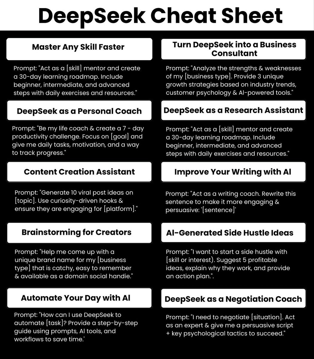I'm deleting this in 24hrs because it's a legit formula to PRINT CASH.

DeepSeek Prompts Cheatsheet

You can make THOUSANDS building and selling them, and literally anyone can do it.

Comment "DS" and I will DM you my full 23-hour video course right now! (must follow me)