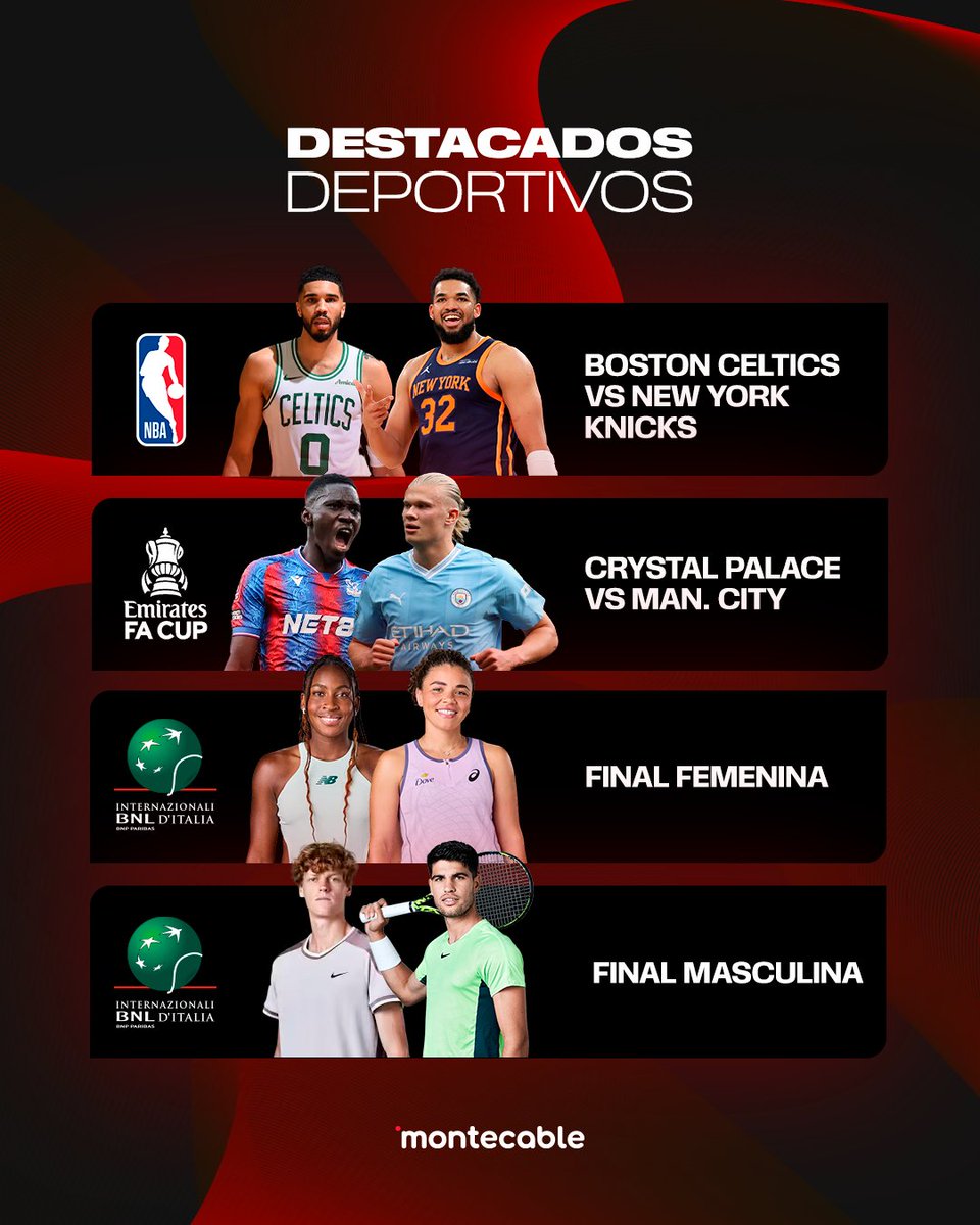 Montecable (@montecableuy) on Twitter photo ๐๐ง๐๐๐ง๐๐ฬ ๐๐ฌ๐ ๐๐ข๐ง๐๐ ๐โฝ๐พ
Hoy 21:00hs, Celtics ๐ Knicks por el juego 6 de las semis de conferencia. Sรกbado, vivรญ el FA Cup ๐ฌ๐ง y la final femenina en Roma.๐พ El domingo, no te pierdas la final masculina del ATP Masters 1000.
#MCGolive
๐ montecable.com/deportes ๐๐ง๐๐๐ง๐๐ฬ ๐๐ฌ๐ ๐๐ข๐ง๐๐ ๐โฝ๐พ
Hoy 21:00hs, Celtics ๐ Knicks por el juego 6 de las semis de conferencia. Sรกbado, vivรญ el FA Cup ๐ฌ๐ง y la final femenina en Roma.๐พ El domingo, no te pierdas la final masculina del ATP Masters 1000.
#MCGolive
๐ montecable.com/deportes