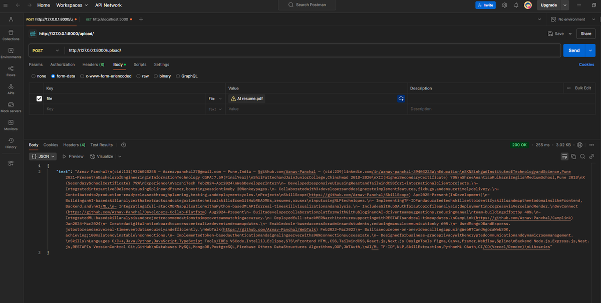 ArnavPanchal9's tweet photo. 🚀 Build In Public – Phase 2 Begins!
Excited to share progress on my project #SkillScope! 🔍
Just integrated PDF resume parsing with FastAPI + pdfplumber. Now extracting skills straight from resumes! 📄⚙️
#buildinpublic #100DaysOfCode #Python #FastAPI #OpenSource #devlog https://t.co/N1kXsKvJJd