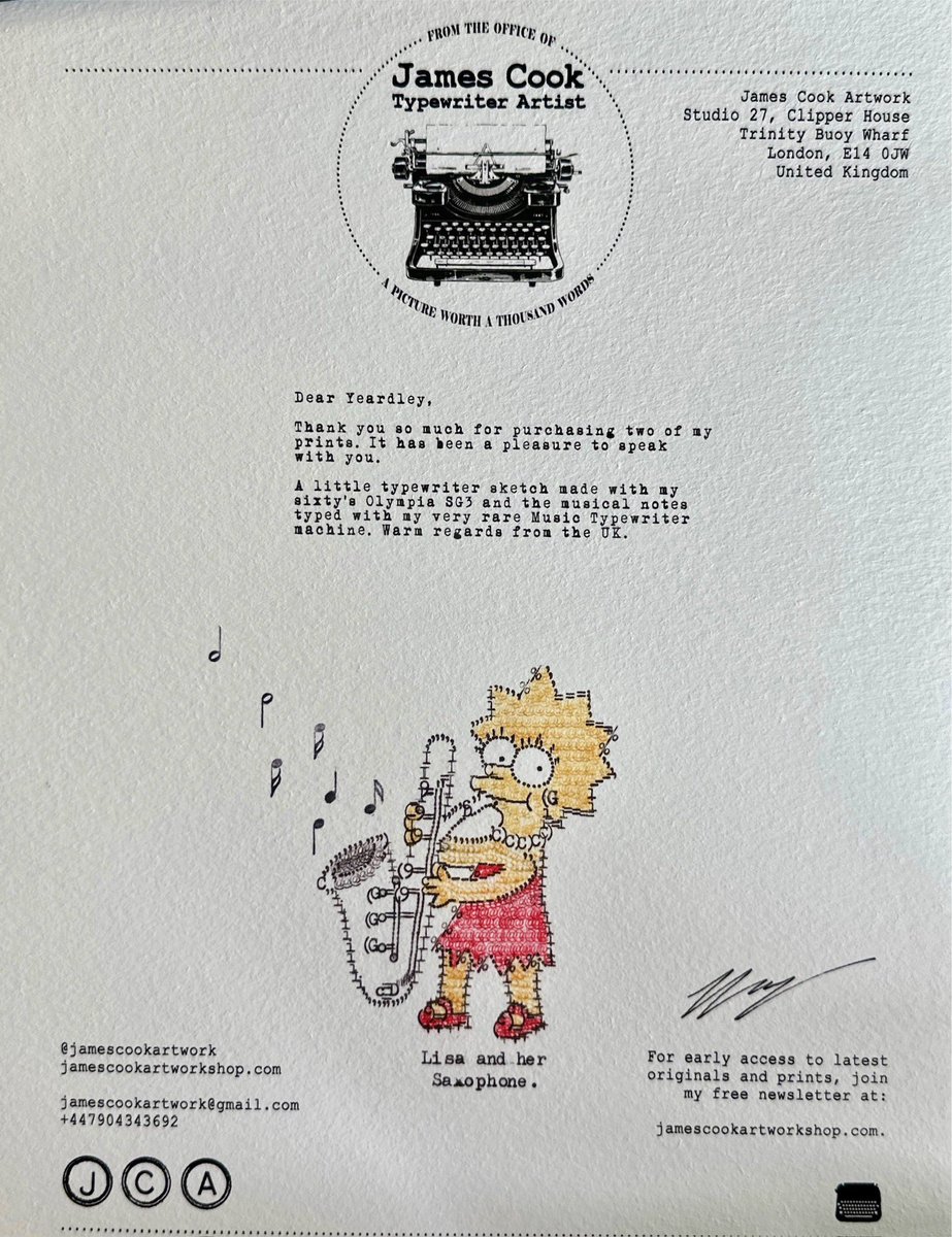 YeardleySmith's tweet image. Favorites, I am beyond thrilled about this #FanArtFriday! π·β€οΈ @jjcook9628 so graciously included this typewriter sketch of Lisa and her sax when I ordered a couple of his prints... and my mind is blown π€― His mastery is unmatched!