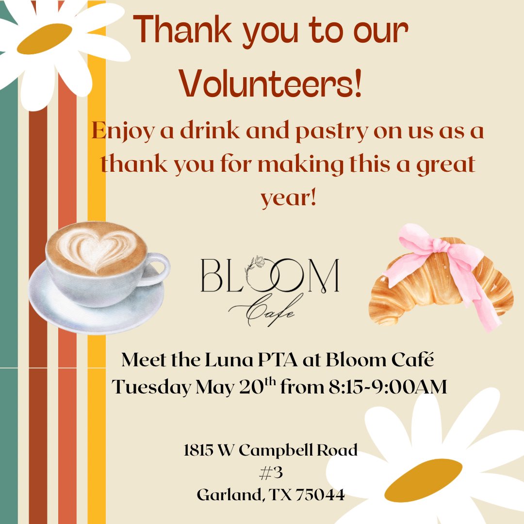 Have you volunteered with us this year?  We want to thank you for donating your time. Join us for our annual volunteer appreciation event! 

🗓️ May 20
⏰ 8:15a-9a
☕️ Bloom Cafe