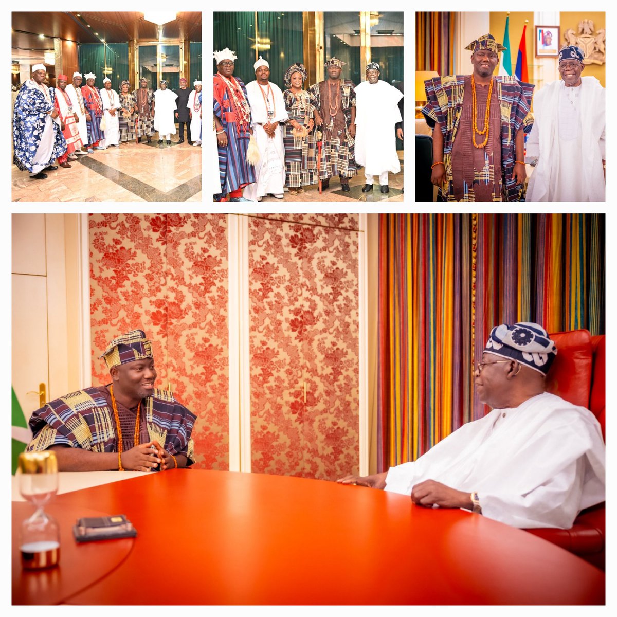 juwonbeyioku's tweet image. President Bola Ahmed Tinubu, GCFR, welcomed His Imperial Majesty, Oba Abimbola Akeem Owoade I, the 46th Alaafin of Oyo, for a courtesy visit at the Presidential Villa.

*#VillaToday*